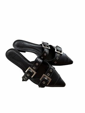 Schutz Penny Double Buckle Black Leather Pointed-Toe Flats Slide Mules Size 9